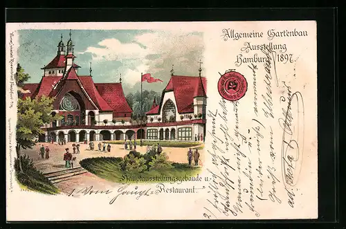 Lithographie Hamburg, Allgemeine Gartenbau Ausstellung 1897, Hauptausstellungsgebäude u. Restaurant