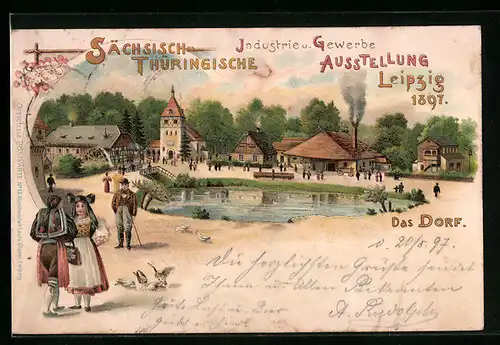 Lithographie Leipzig, Sächsisch-Thüringische Industrie & Gewerbe Ausstellung 1897, Partie im Dorf, Trachten