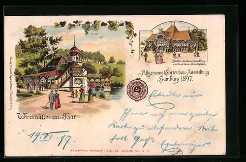 Lithographie Hamburg, Allgemeine-Gartenbau-Ausstellung 1897, Pavillon der Samenhandlung, Weinhütte im Thal