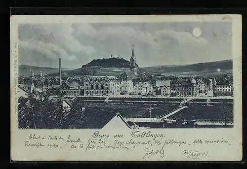 Mondschein-AK Tuttlingen, Ortsansicht mit Kirche