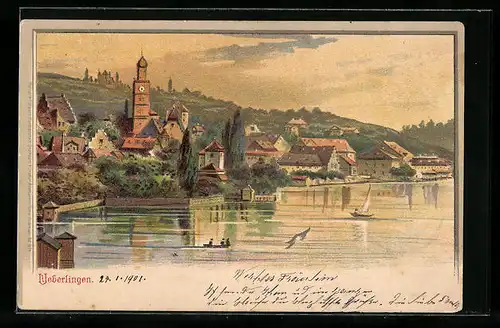 Lithographie Ueberlingen, Ortsansicht mit See