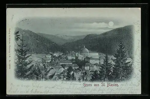 Mondschein-AK St. Blasien, Ortsansicht mit Wald