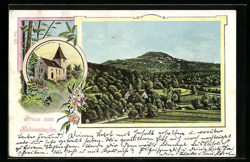 Lithographie Hohenstaufen, Ortsansicht mit Kirche