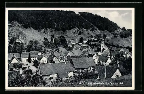 AK Gundershofen im Schmiechtal, Ortsansicht mit Bergen