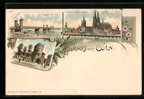 Lithographie Cöln, Eisenbahnbrücke, Severinsthor, Cölner Dom