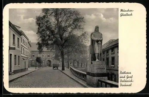 AK München-Gladbach, Rathaus und Graf Balderich-Denkmal