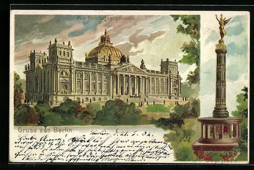 Lithographie Berlin-Tiergarten, das Reichtagsgebäude und die Siegessäule