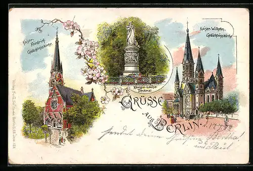 Lithographie Berlin-Tiergarten, Kaiser-Friedrich-Gedächtniskirche, Königin-Luise-Denkmal