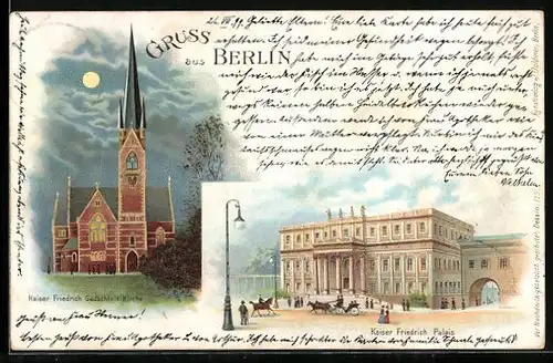 Lithographie Berlin-Tiergarten, Kaiser Friedrich Palais, Kaiser Friedrich Gedächtnis-Kirche