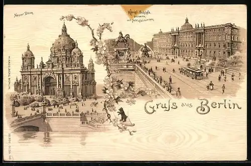 Lithographie Berlin, Königl. Schloss mit Schlossbrunnen von der Südseite