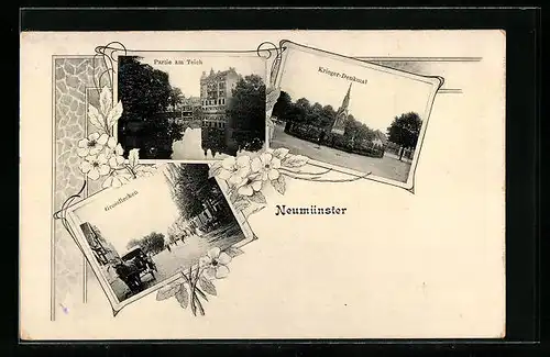 AK Neumünster, Partie am Teich, Krieger-Denkmal, Grossflecken