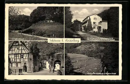 AK Schönau b. Heidelberg, Lindenbach, Altes Klostertor, Schwimmbad m. Liegewiese