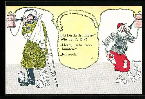 Künstler-AK Telefonat Petersburg-Paris, Propaganda 1. Weltkrieg