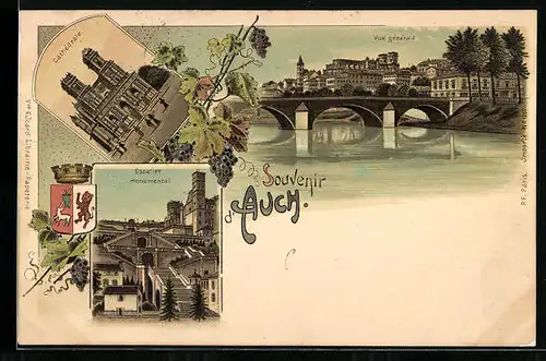 Lithographie Auch, Escalier Monumental, Cathédrale, Vue Générale, Wappen