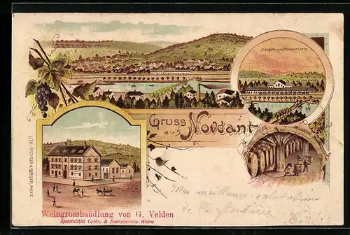 Lithographie Noveant, Weingrosshandlung von G. Velden, Hängebrücke