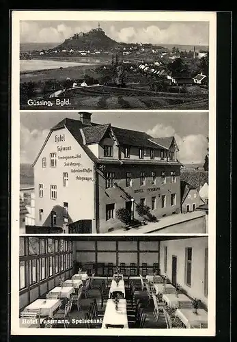 AK Güssing, Ortsansicht, Hotel Fassmann, Speisesaal
