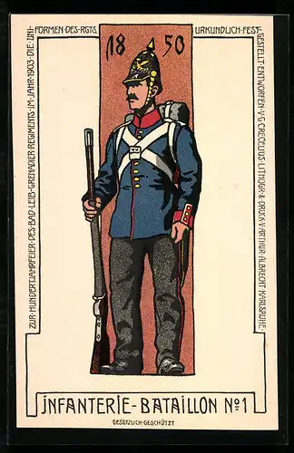 Lithographie Karlsruhe, Soldat des Infanterie-Bataillon No. 1 in Uniform von 1850
