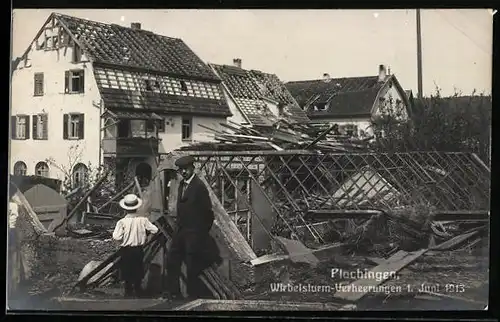 AK Plochingen, Wirbelsturm-Verheerungen 1913, Ortspartie, Unwetter