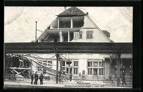 AK Plochingen, Wirbelsturm-Verheerungen 1913, Bahnhof, Unwetter