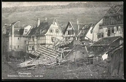 AK Plochingen, Wirbelsturm-Verheerungen 1913, Ortspartie, Unwetter