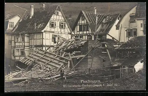AK Plochingen, Wirbelsturm-Verheerungen 1913, Ortspartie, Unwetter