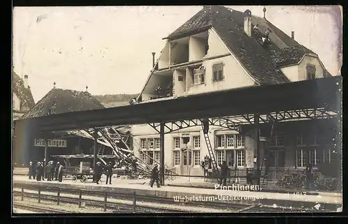 AK Plochingen, Wirbelsturm-Verheerungen 1913, Bahnhof, Unwetter