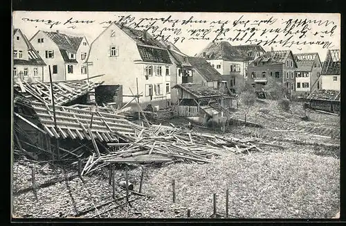 AK Plochingen, Unwetter-Katastrophe am 1.6.1913, zerstörte Häuser