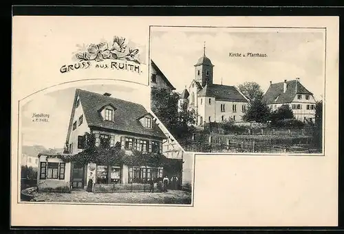 AK Ruith, Handlung v. P. Fritz, Kirche und Pfarrhaus
