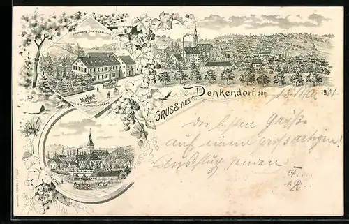 Lithographie Denkendorf, Gasthaus zur Krone, Totalansicht, Kirche