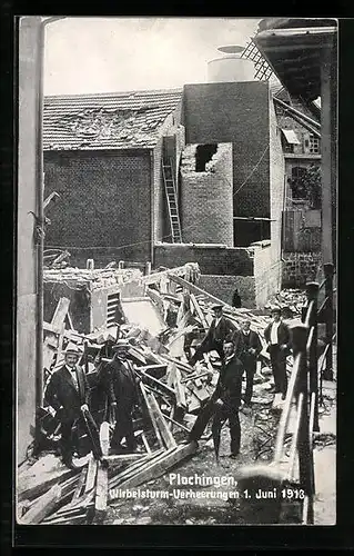 AK Plochingen, Zerstörte Gebäude nach dem Wirbelsturm am 1. Juni 1913