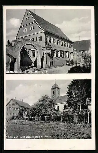 AK Ruit a. F., Gasthaus und Metzgerei zum Hirsch, Horst Wesselschule und Kirche