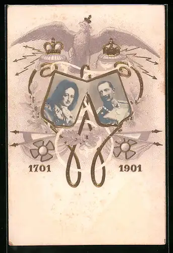 AK Königreich Preussen, 200 jähr. Bestehen, 1701-1901, Portraits und Adler