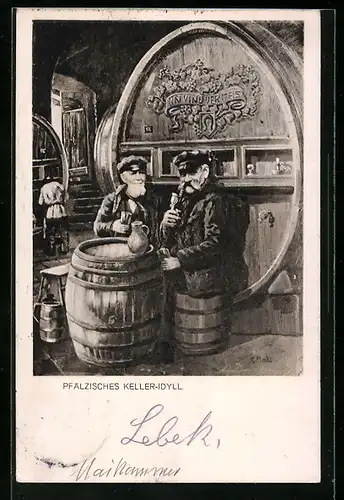 Künstler-AK Pfälzisches Keller-Idyll, zwei Trinker am grossen Weinfass