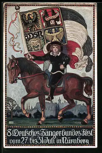 Künstler-AK Nürnberg, 8. Deutsches Sängerbundes-Fest 1912, Sänger mit Flagge auf Pferd reitend