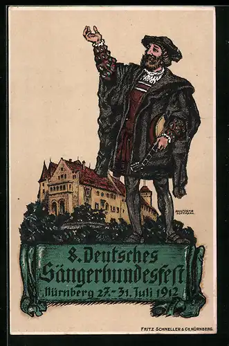 Künstler-AK Nürnberg, 8. Deutsches Sängerbundes-Fest 1912, Sänger mit Laute und Schloss