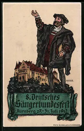 Künstler-AK Nürnberg, 8. Deutsches Sängerbundes-Fest 1912, Sänger mit Laute und Schloss