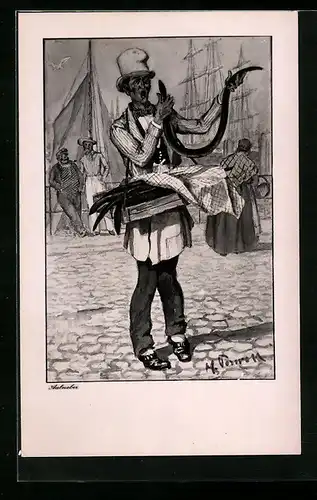 Künstler-AK Hamburger Stadttyp, Aalweber im Hafen