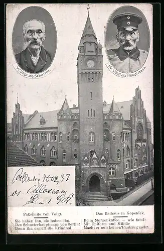 AK Portraits W. Voigt als Schuster und als Hauptmann von Köpenick, Rathaus