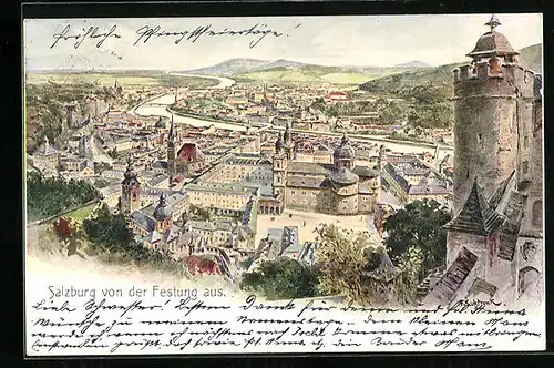 Künstler-AK Franz Kulstrunk: Salzburg, Gesamtansicht von der Festung aus gesehen