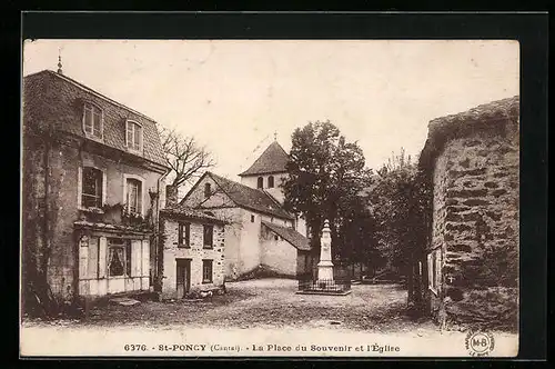AK St-Poncy, la Place du Souvenir et l'Église