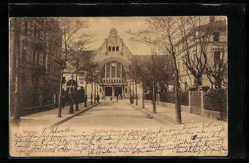 AK Worms, Siegfried-Strasse mit Bahnhof