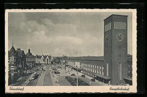 AK Düsseldorf, Hauptbahnhof mit Strassenbahnen