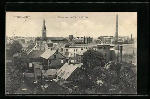 AK Neumünster, Panorama mit kath. Kirche