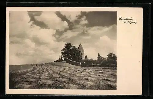 AK Panitzsch b. Leipzig, Landschaftsbild mit Kirche