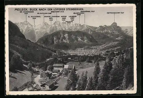 AK Bad Reichenhall, Gasthaus Melleck mit Blick nach den Loferer Steinbergen mit Hinterhorn, Gr. Ochsenhorn und Breithorn