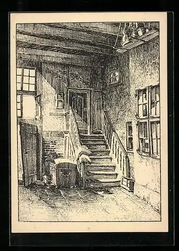 Künstler-AK Buxtehude, Diele Ostfleth, Innenansicht