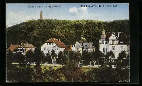 AK Bad Freienwalde a. O., Wilhelmstrasse und Kriegerdenkmal