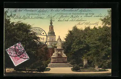 AK Frankenberg i. Sa., Friedenspark mit Siegesdenkmal und Kirche