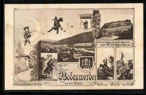 AK Bodenwerder a. d. Weser, Münchhäuser Grotte, Geburtshaus, Wappen