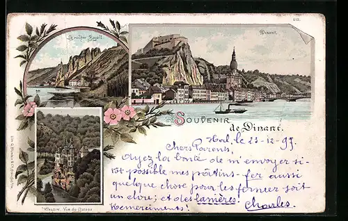 Lithographie Dinant, Panorama, Le rocher Bayard, Walzin Vue du chateau